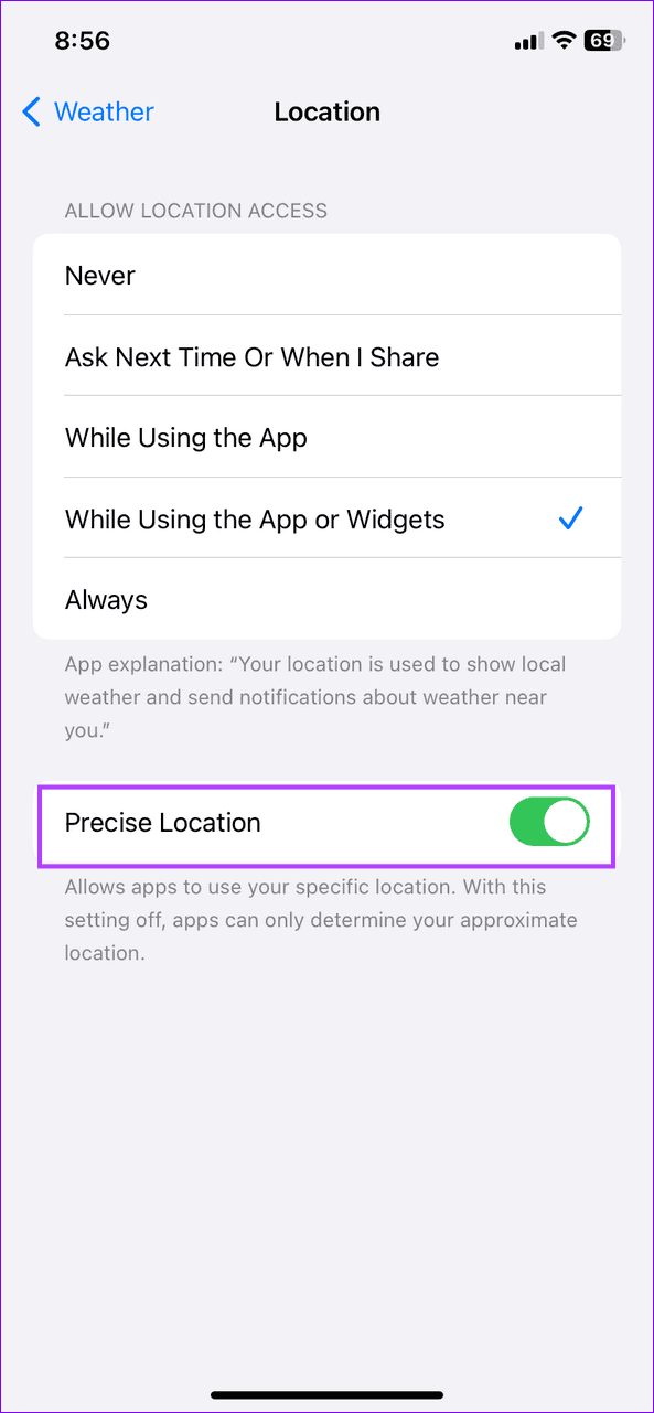 ios weather turn on precise location