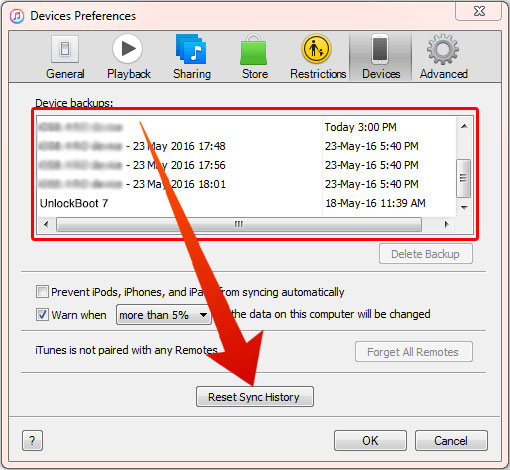 reset sync history in itunes
